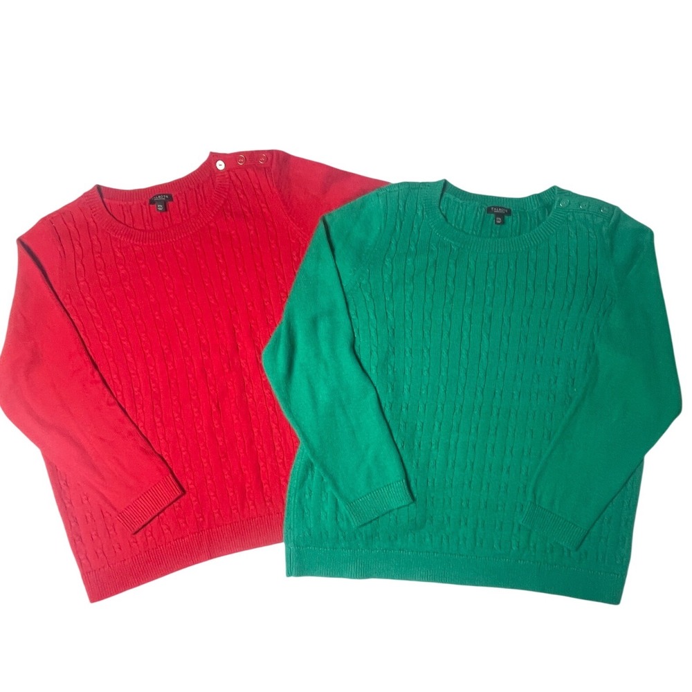 Talbots Cable Knit Crewneck Red Green Sweater Bundle Women's 2X Petitie